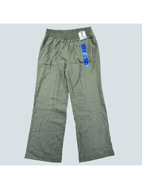 Briggs Womens Olive Green Pull-On Elastic Waist Wide-Leg Pants Size L 55% Linen